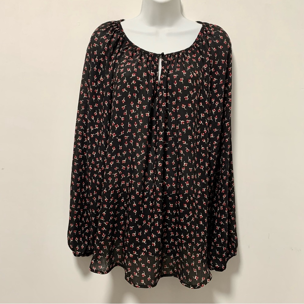 Chaps Sheer With Roses Buttons long sleeve women’s top pullover Size L.